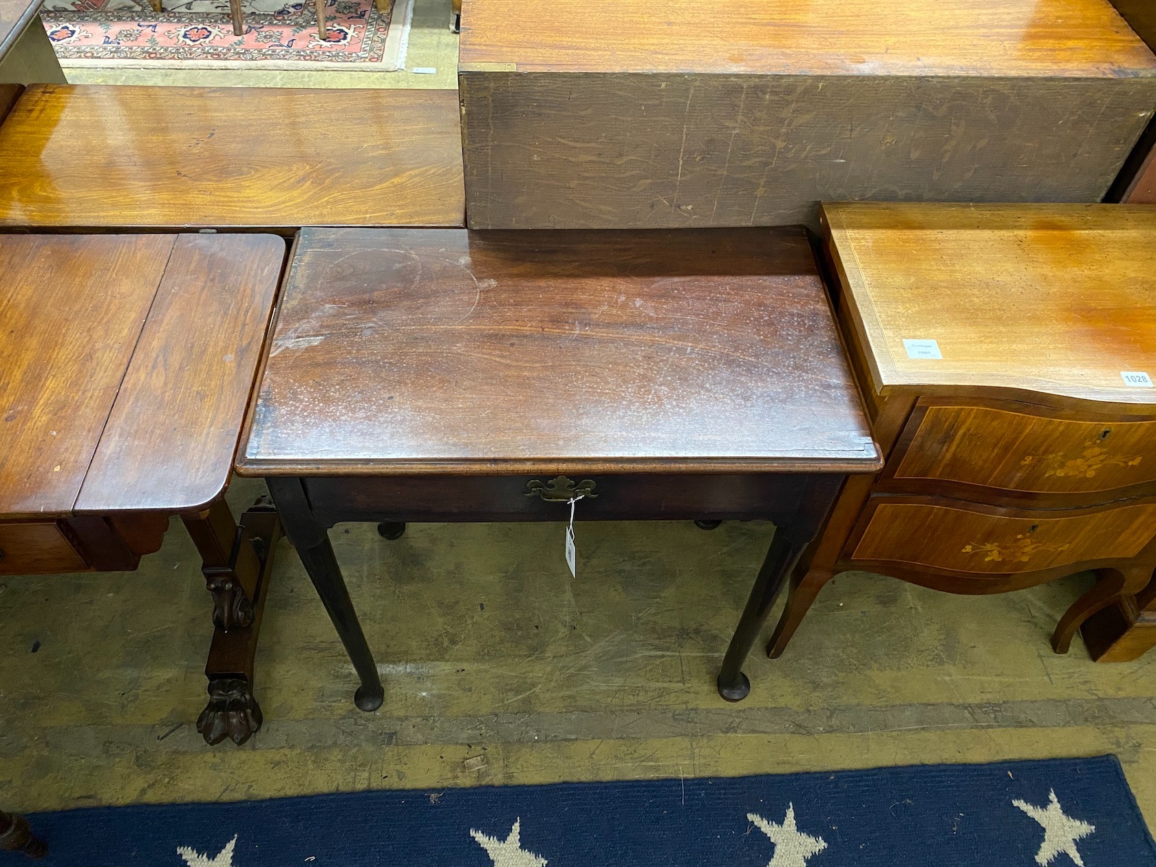 An 18th century mahogany single drawer pad foot side table, width 75cm, depth 44cm height 71cm